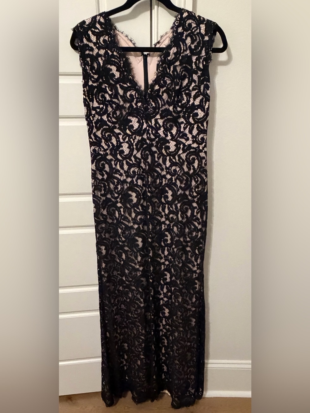 Tadashi Shoji Black Lace Overlay dress over Nude
